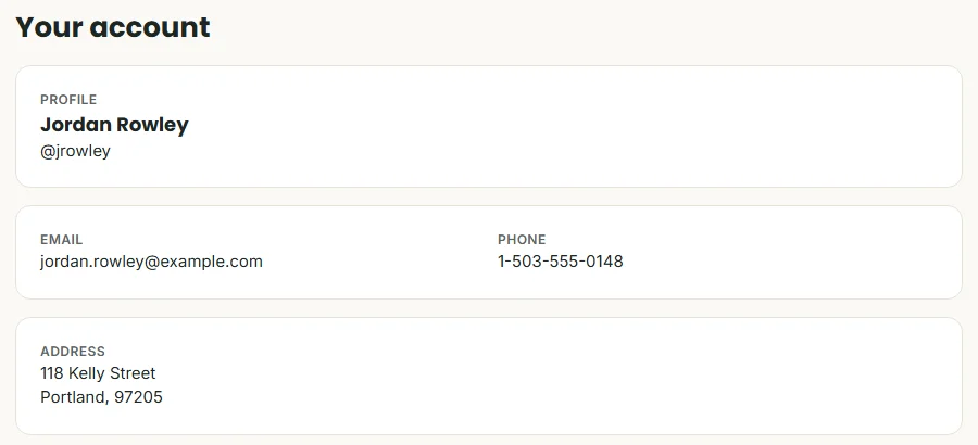 The Your account screen with profile, email, phone and address — no password