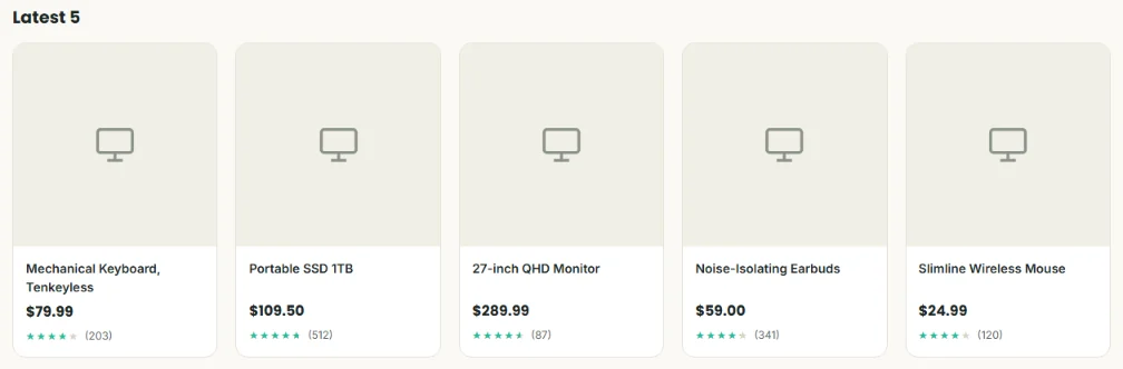 The Latest 5 shelf showing the keyboard, SSD, monitor, earbuds and mouse — products 5 to 1, the oldest in the catalog