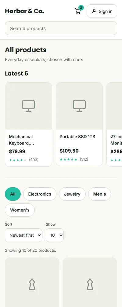 Catalog on a phone: search, the Latest 5 shelf as a horizontal row, wrapped category chips and a two-column grid