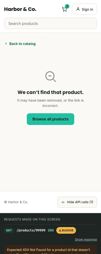 Product not found on a phone, with the API inspector open below explaining BUG008