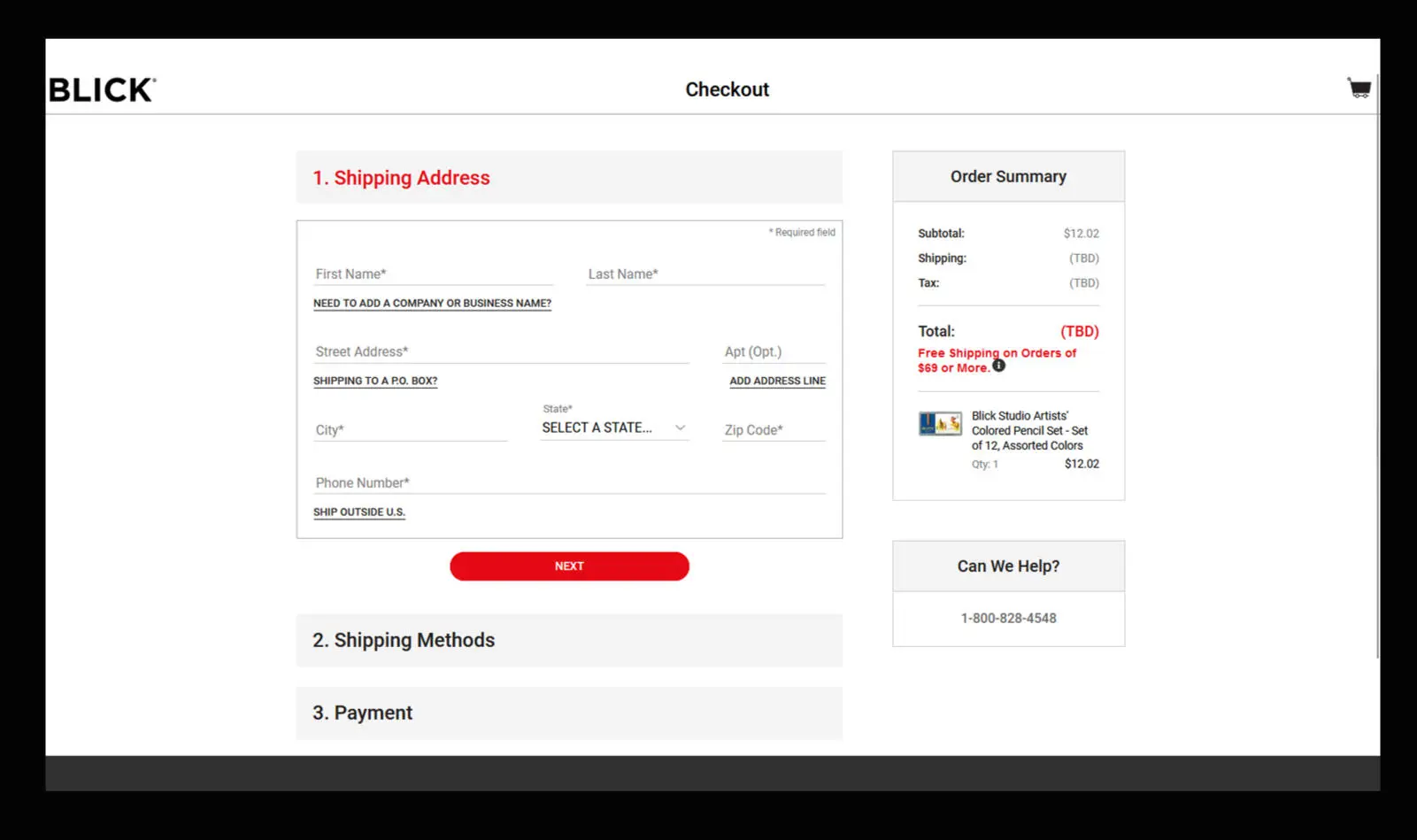 BLICK checkout screen with a clear numbered step and order summary