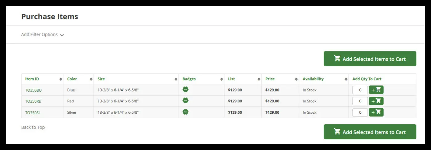 Reference example of a purchase-items table with per-item quantity controls