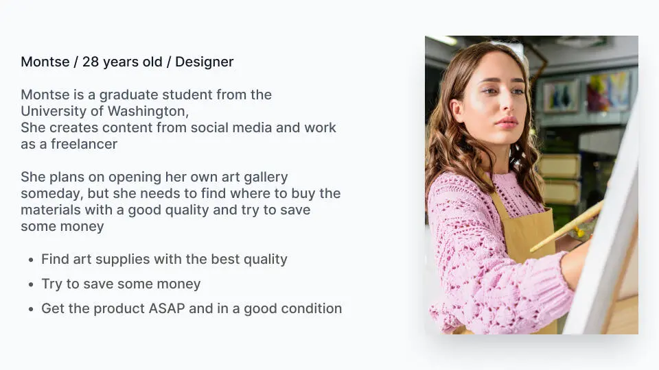 Persona: Montse, 28, Designer — wants good quality supplies and to save money