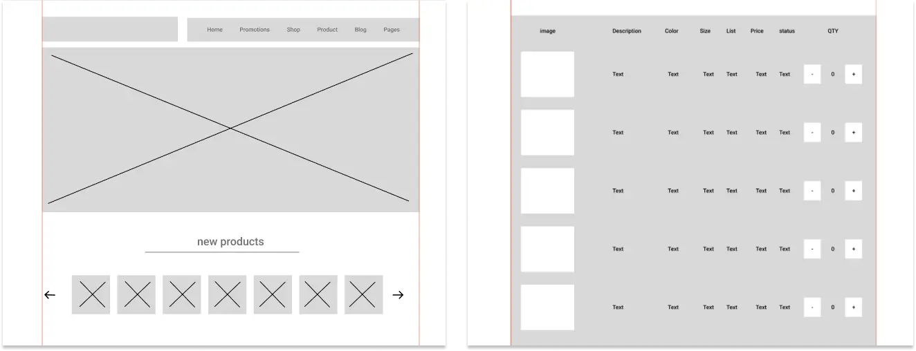 Low-fidelity wireframes: homepage skeleton and purchase items table with quantity controls