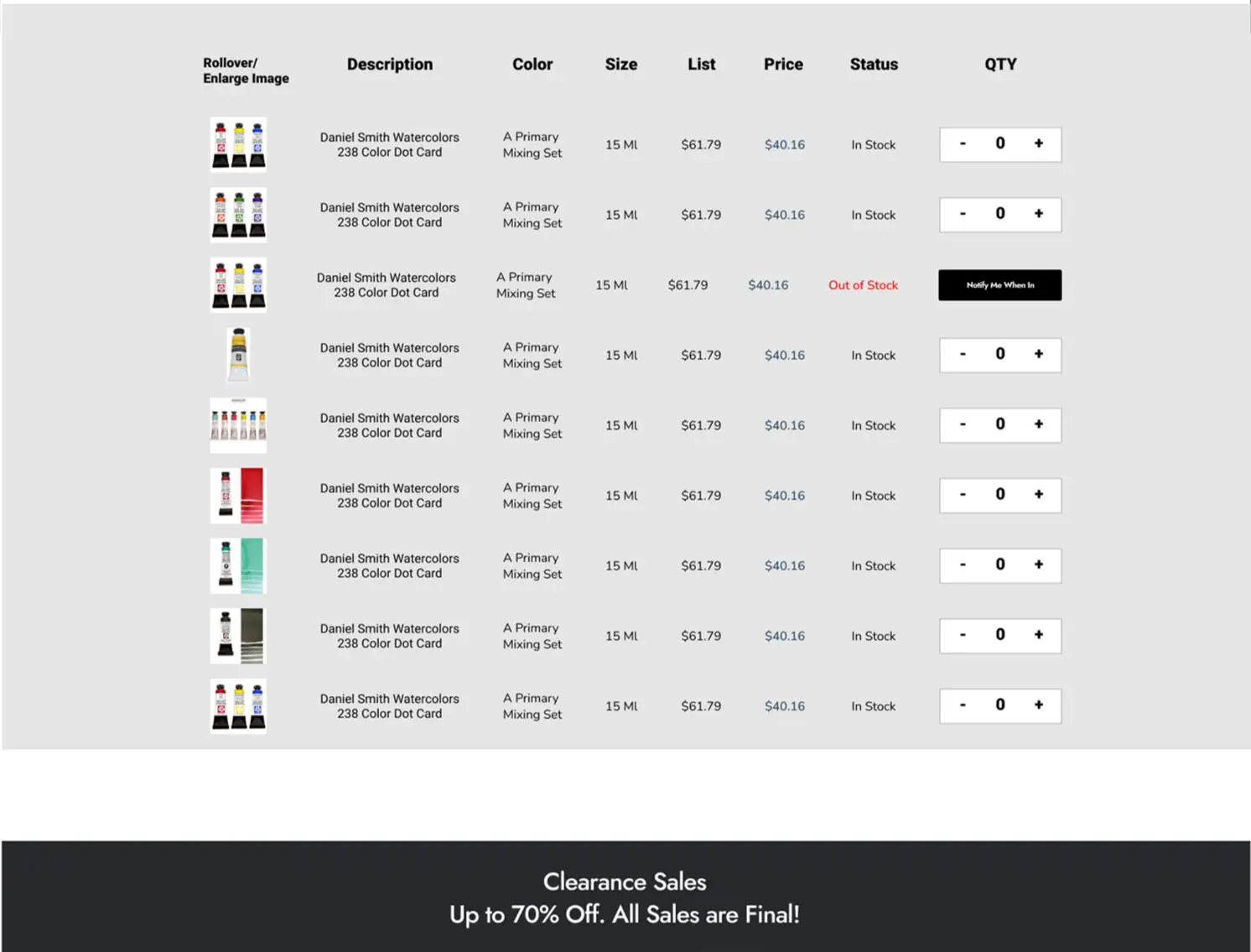 Refined purchase items table with inline plus/minus quantity controls