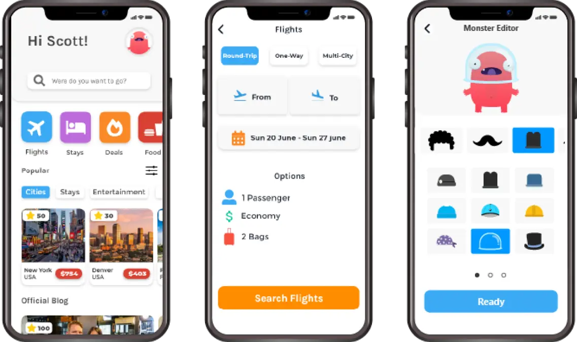 High-fidelity screens: home, flights, Monster Editor