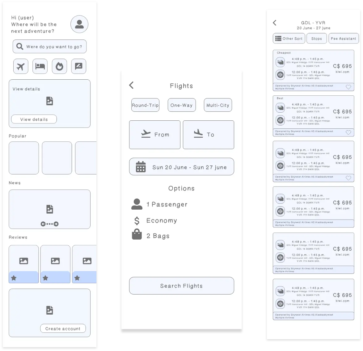 Low-fidelity wireframes: home, flight search, flight results