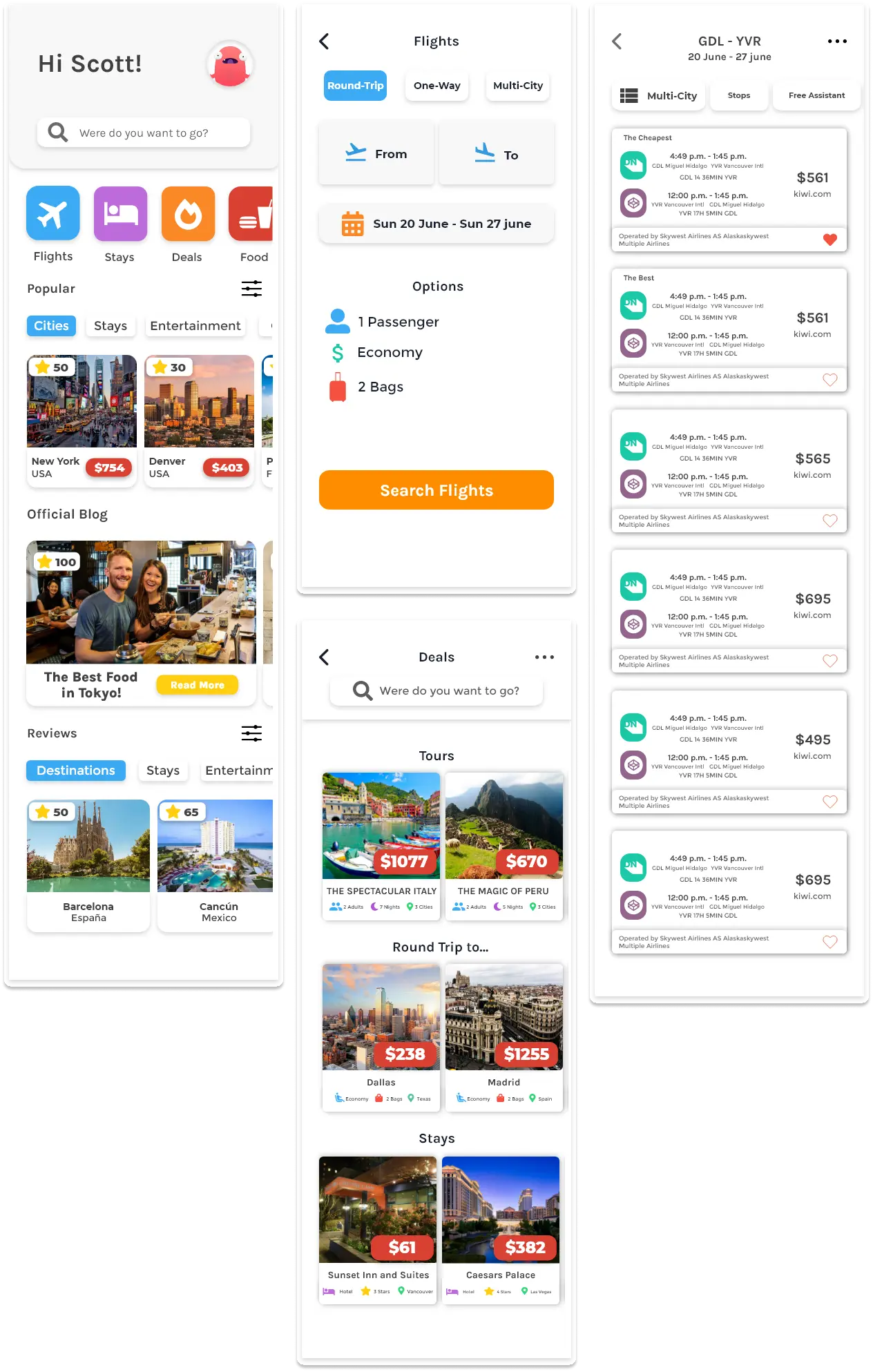 High-fidelity screens: home with popular destinations, flight search, deals