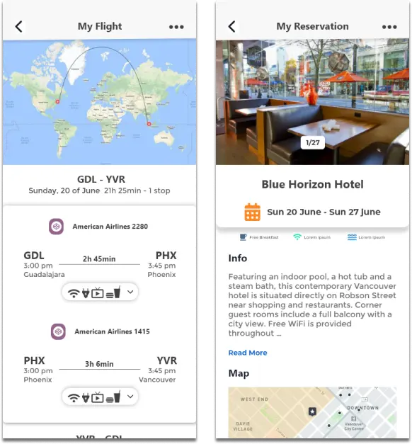 My Flight and My Reservation screens with trip details