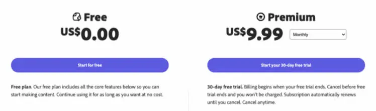 Adobe Express pricing: Free, Premium $9.99/mo