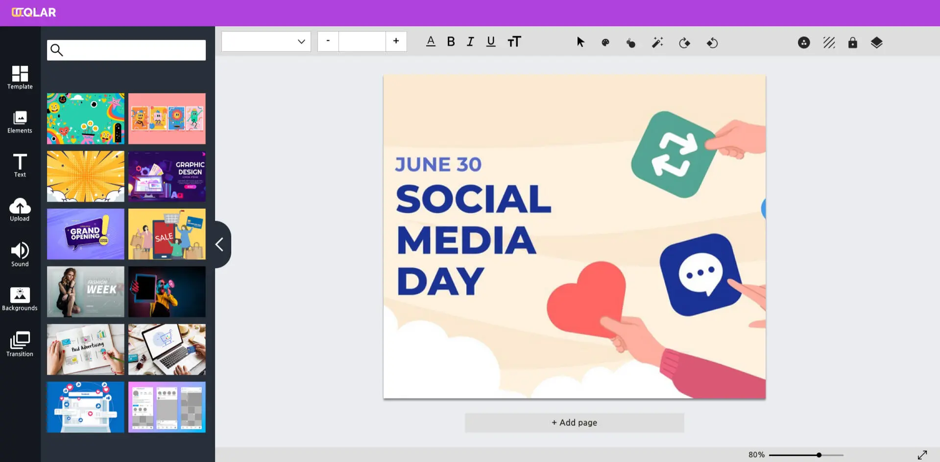 High-fidelity editor screen with a Social Media Day template