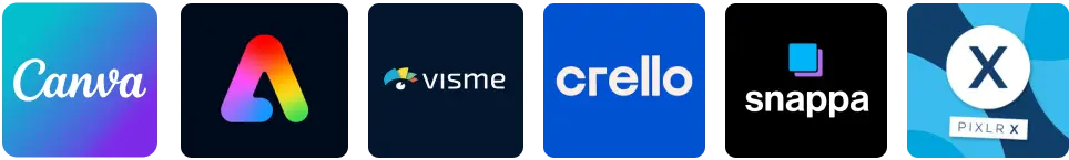 Competitor logos: Canva, Adobe Express, Visme, Crello, Snappa, Pixlr X