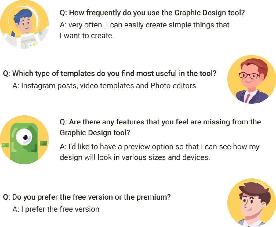 User interview Q&A about tool usage, templates, missing features and pricing preference