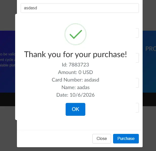 Purchase confirmation modal showing Amount: 0 USD