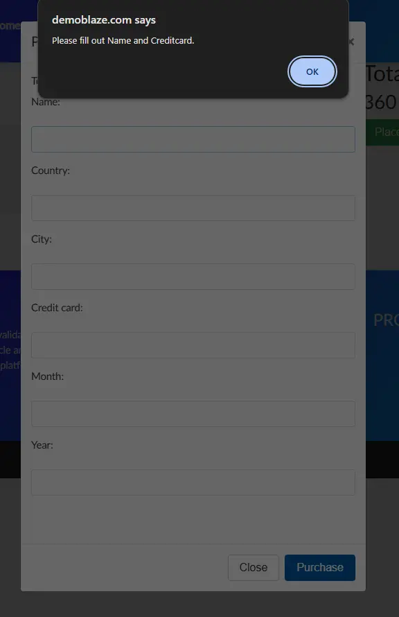 DemoBlaze alert asking to fill out Name and Creditcard