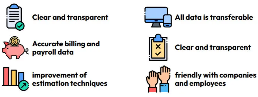 Key benefits: clear and transparent, accurate billing and payroll data, improved estimation, transferable data, friendly with companies and employees