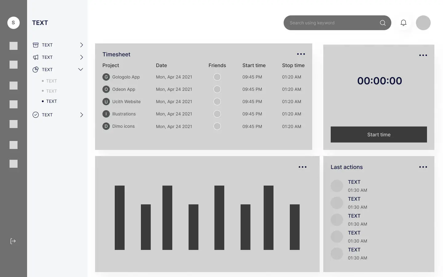 Low-fidelity wireframe of the dashboard: timesheet, timer and chart