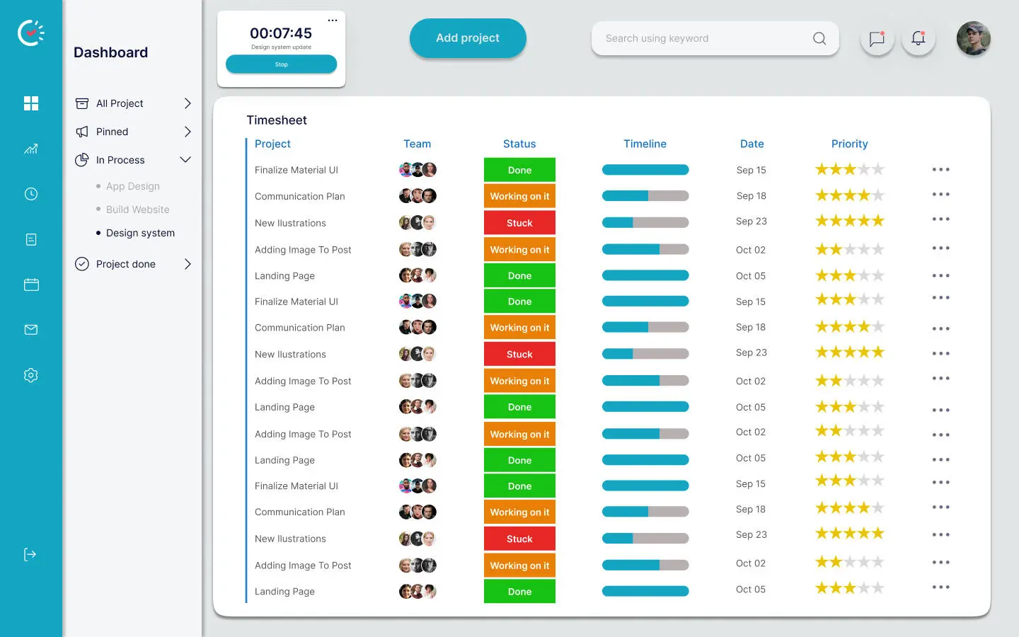 High-fidelity full timesheet view with project status, timeline and priority